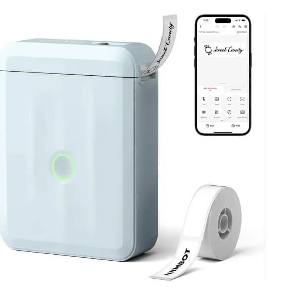 Mini impressora térmica Bluetooth branca sendo configurada via smartphone, ideal para etiquetas de organização doméstica e logística.