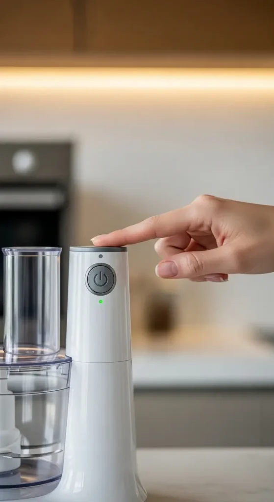 Dona de casa usando o melhor mini processador elétrico 2026 portátil.