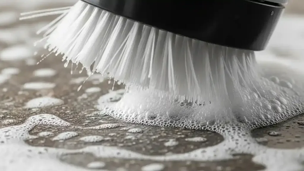 Melhor Escova de Limpeza Elétrica Giratória de 2026: Veredito (D.A.V.) 4 Detalhes das cerdas e motor da escova elétrica de limpeza giratória.