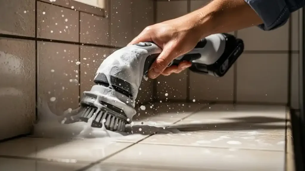 Melhor Escova de Limpeza Elétrica Giratória de 2026: Veredito (D.A.V.) 2 Teste de escova elétrica de limpeza removendo sujeira do rejunte.