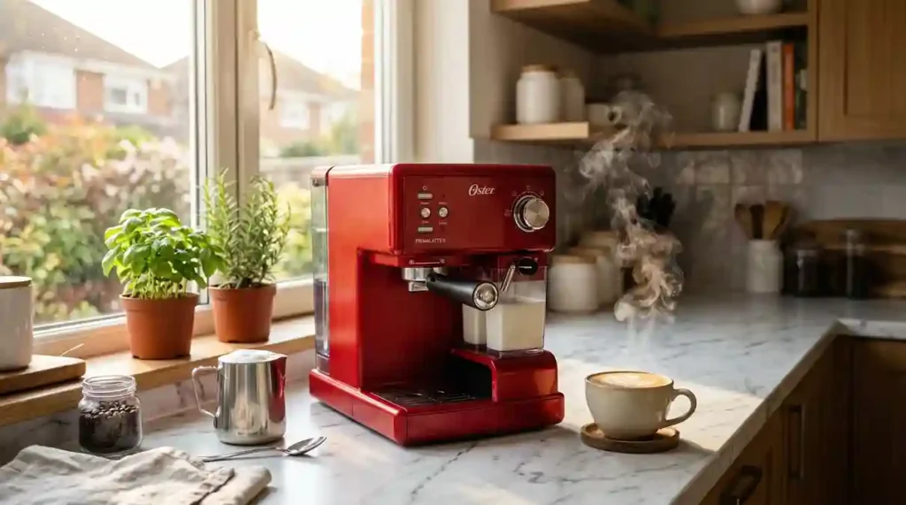 Cafeteira Expresso Oster PrimaLatte vermelha em bancada moderna com café cremoso
