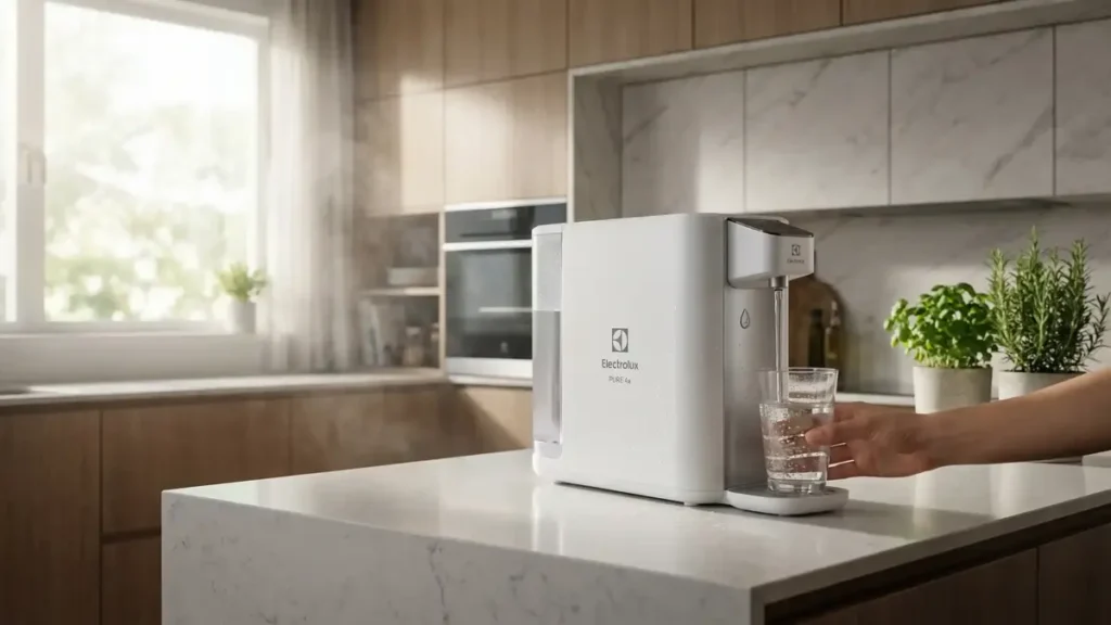 Purificador de Água Pure 4x Electrolux branco instalado em bancada moderna de mármore