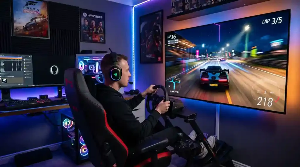 Gamer usando a Melhor Smart TV 2026 para games