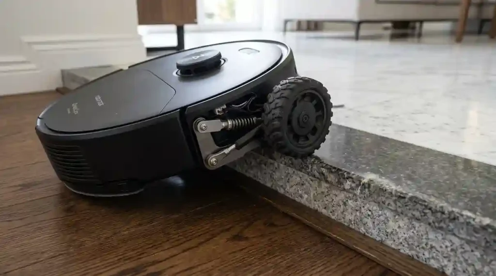 Roborock Qrevo Curv subindo degrau de 4cm com sistema AdaptiLift