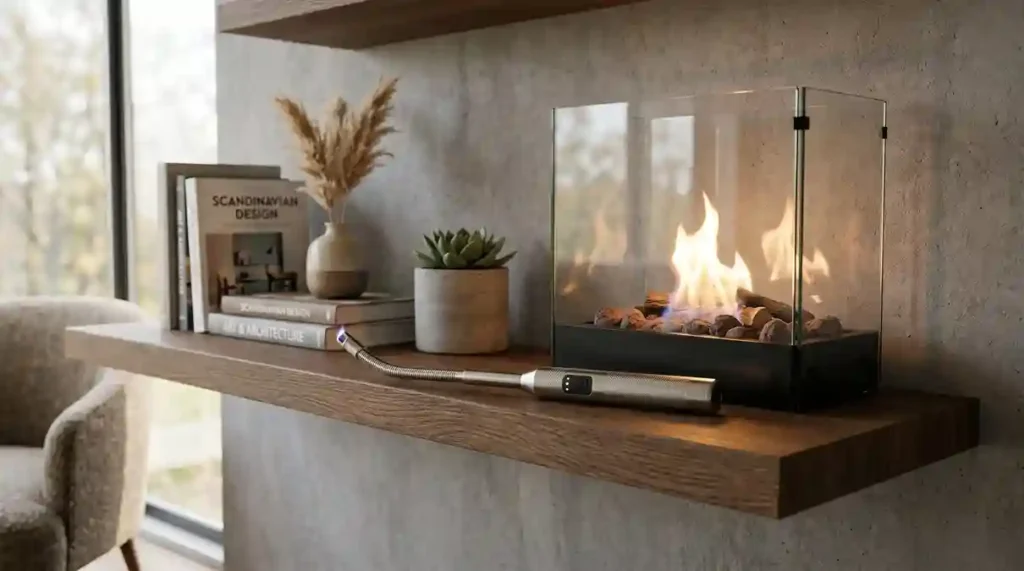 Lareira Ecológica a Álcool: O Guia Definitivo com 2 Modelos para Aquecer seu Lar com Luxo 6 Acendedor de haste longa ao lado da lareira ecologica a alcool