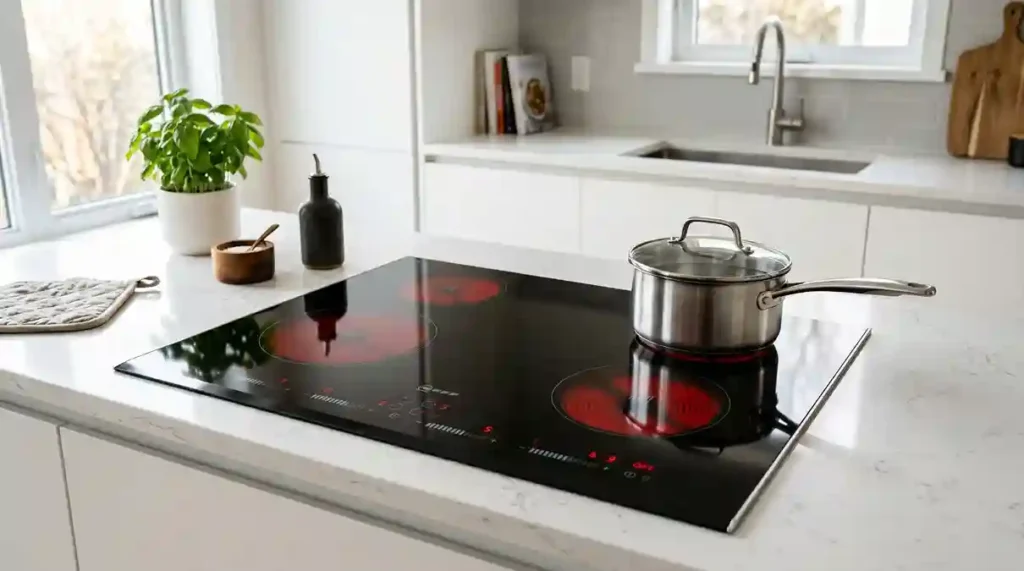 Cooktop de Indução embutido em bancada de quartzo branca