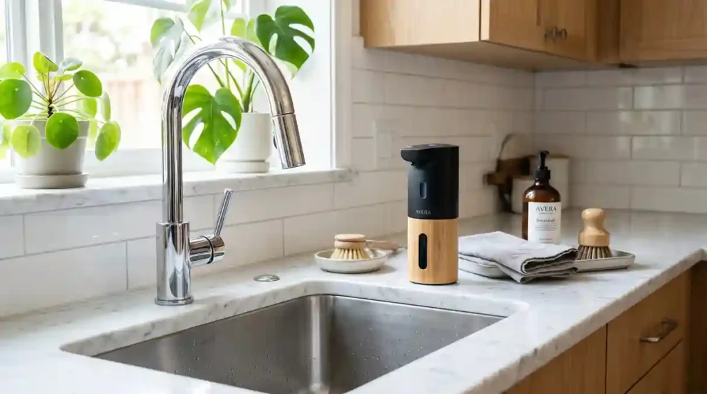 Dispenser automático com sensor ao lado da lixeira inteligente com sensor