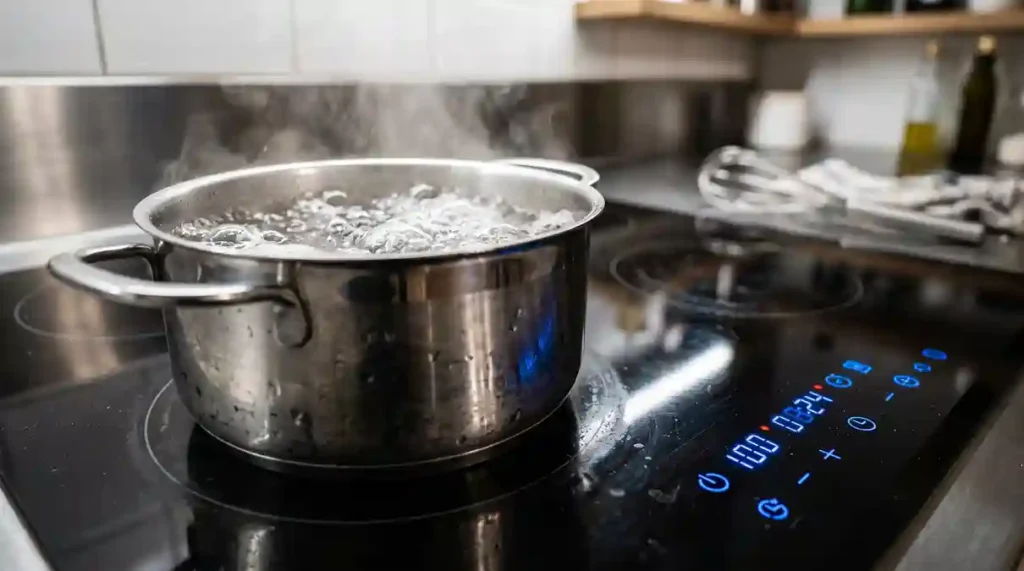 Panela fervendo água sobre a mesa vitrocerâmica do Cooktop de Indução