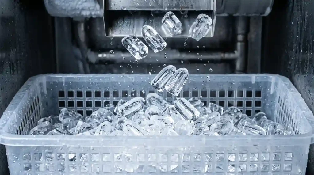 Cubos cristalinos caindo no reservatório interno da Máquina de Gelo