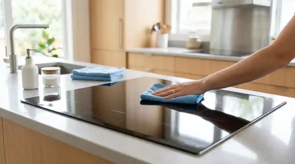 Pano limpando a superfície plana e lisa do Cooktop de Indução