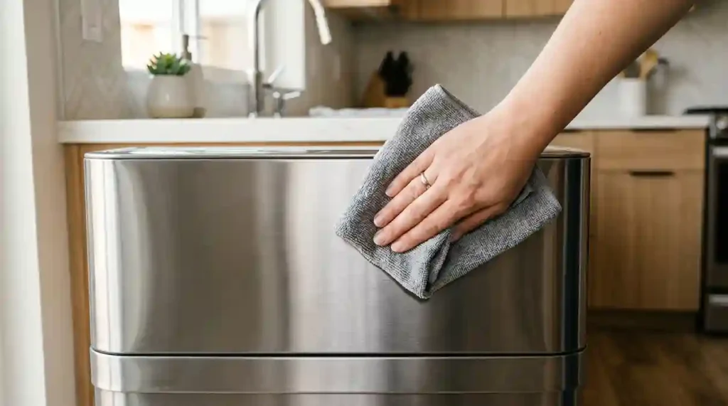 Superfície de inox escovado da lixeira inteligente com sensor sendo limpa