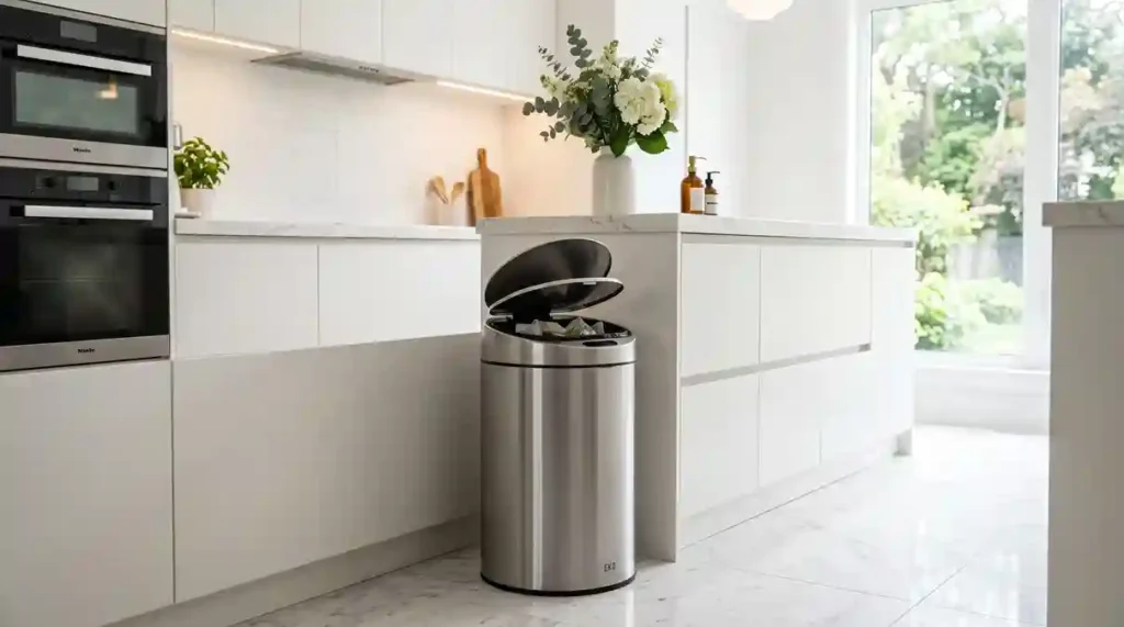 lixeira inteligente com sensor aberta em cozinha planejada de luxo