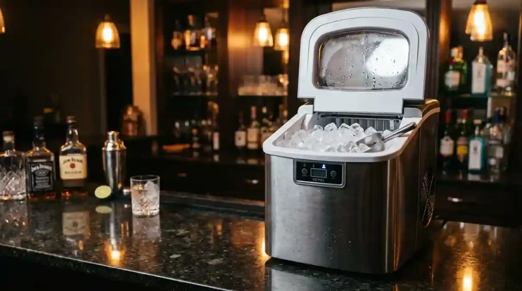 Máquina de Gelo portátil em inox sobre bancada de granito escuro