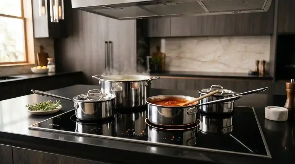 Jogo de panelas com fundo triplo ferrosos sobre Cooktop de Indução