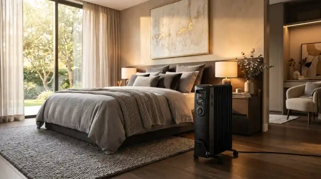 aquecedor de ambiente a oleo preto operando em quarto de casal moderno de alto padrão