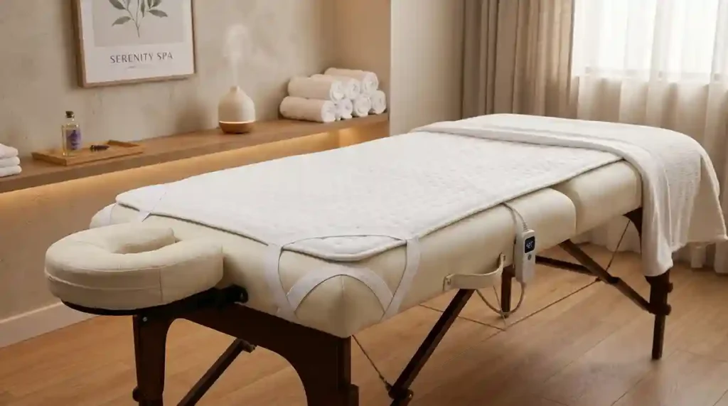 aquecedor termico profissional para macas instalado com elásticos sobre maca de estética