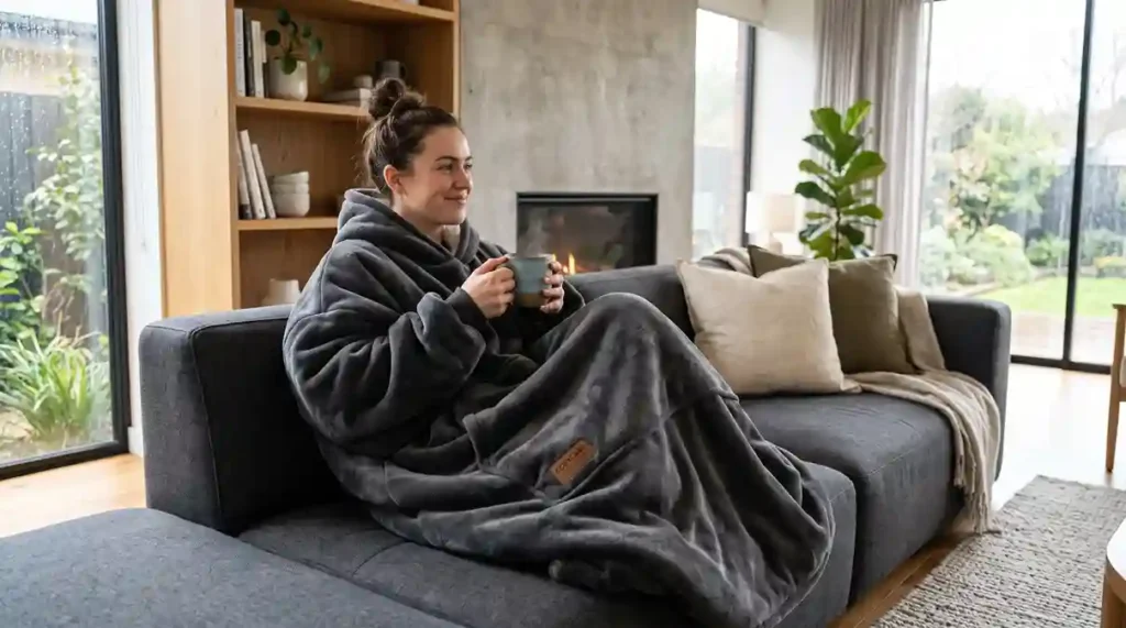 casaco blanket / cobertor com mangas de microfibra macia sendo usado no sofá da sala