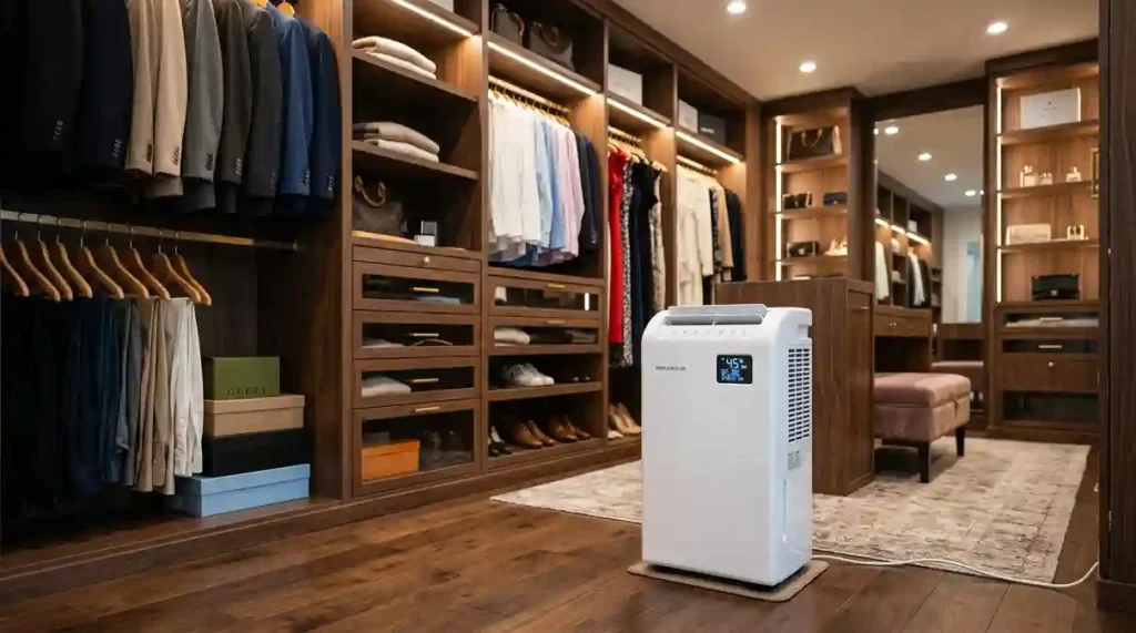 desumidificador de ar eletrico ativo no interior de um closet planejado de alto padrão