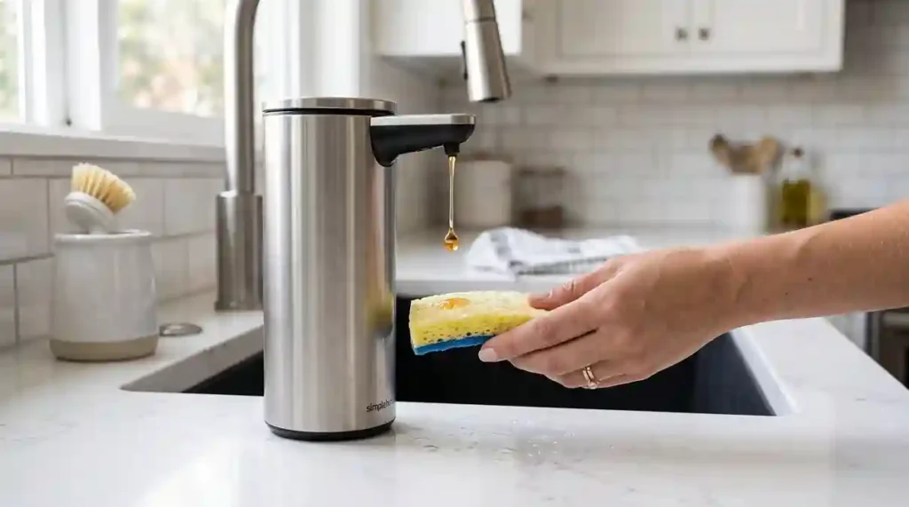 Dispenser de Detergente Automático com Sensor: O Guia Definitivo com 2 Modelos Gourmet para Blindar sua Bancada com Praticidade 1 dispenser de detergente automatico com sensor em inox injetando sabão líquido na esponja