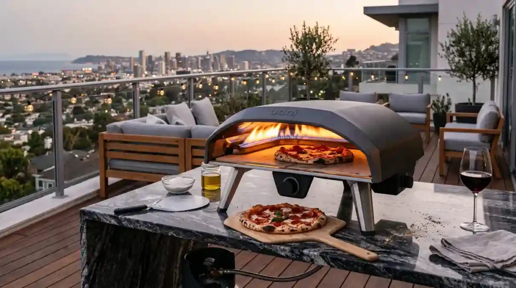 Forno de Pizza Portátil: O Guia Definitivo com 2 Modelos para Revolucionar suas Noites Gourmet 3 forno de pizza portatil ativo com chama acesa sobre bancada de granito na varanda gourmet