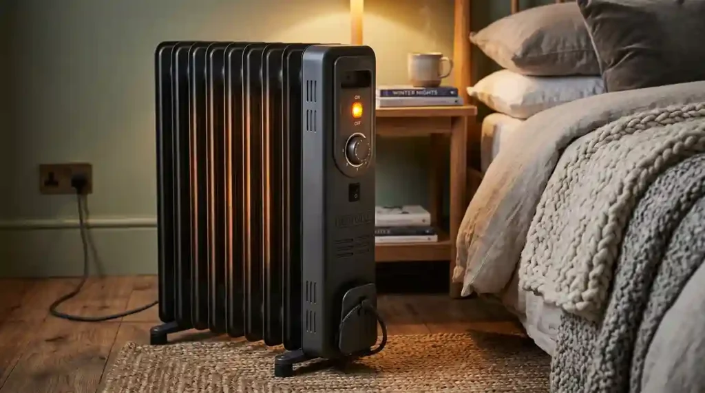 Colunas radiadoras de metal de um aquecedor de ambiente a oleo em funcionamento no quarto