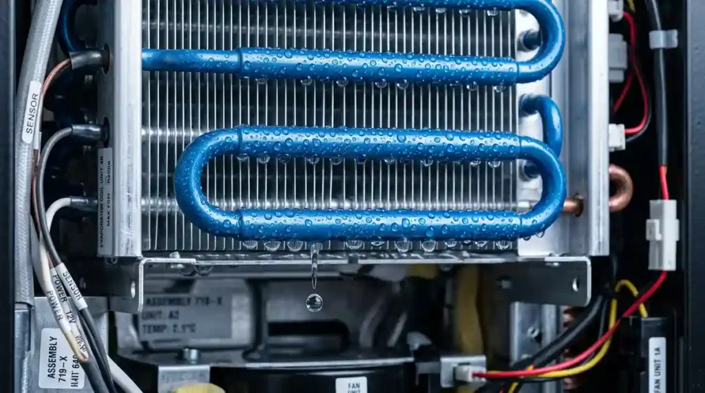 Desumidificador de Ar Elétrico: O Guia Definitivo com 2 Modelos para Proteger sua Saúde e Seu Lar 4 serpentina de condensação interna do desumidificador de ar eletrico em atividade