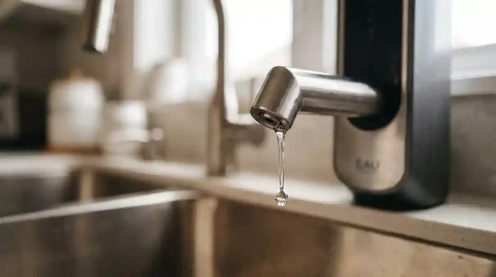 Gota de sabão saindo do bico injetor do dispenser de detergente automatico com sensor em inox
