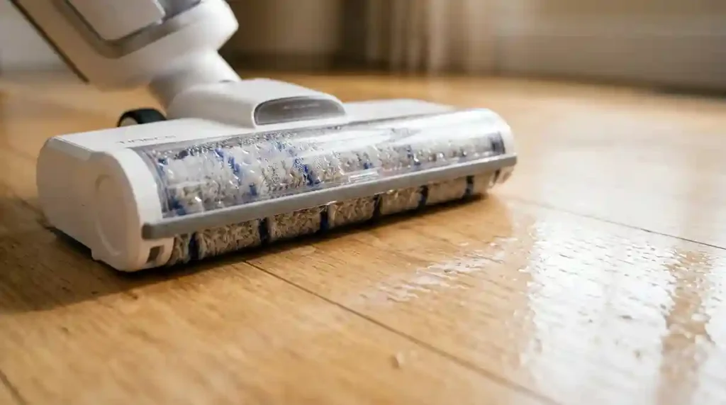 Lavadora de Pisos Sem Fio: O Guia Definitivo com 2 Modelos para Automatizar a Limpeza da Casa 4 Rolo de microfibra de alta rotação da lavadora de pisos sem fio limpando madeira