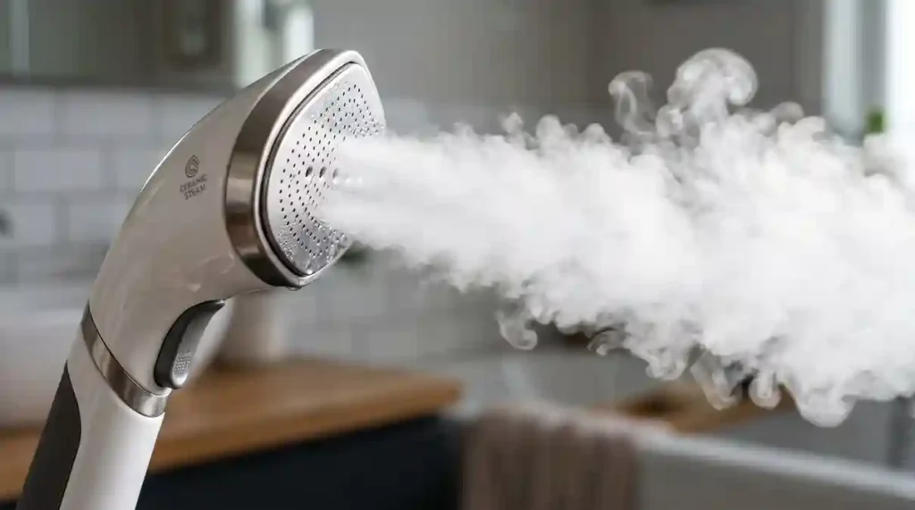 Passadeira a Vapor Vertical: O Guia Definitivo com 2 Modelos para Cuidar de Roupas Finas com Praticidade 4 Bocal cerâmico expelindo jato pressurizado da passadeira a vapor vertical