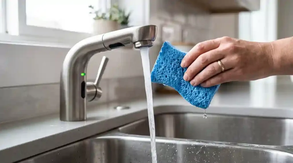 Esponja quebrando o feixe infravermelho do dispenser de detergente automatico com sensor em inox