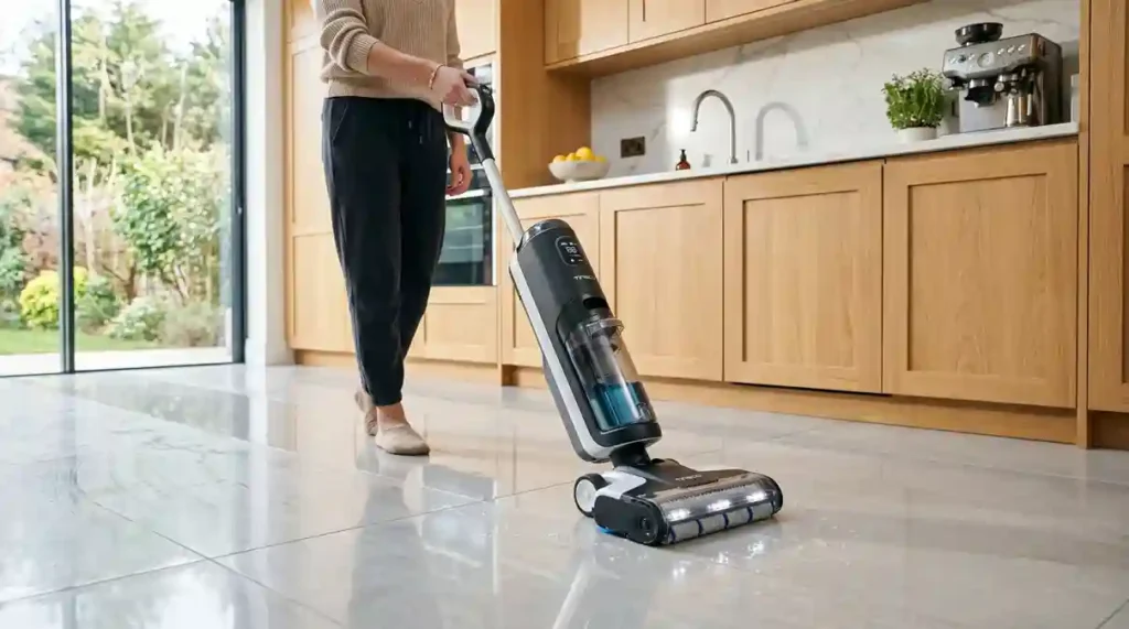 lavadora de pisos sem fio ativa em piso de porcelanato de cozinha de alto padrão