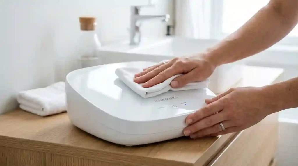 Aquecedor Térmico Profissional para Macas: O Guia Definitivo com 2 Modelos para Oferecer Conforto no Dias Mais Frios. 6 Pano higienizando o revestimento impermeável de nylon do aquecedor termico profissional para macas