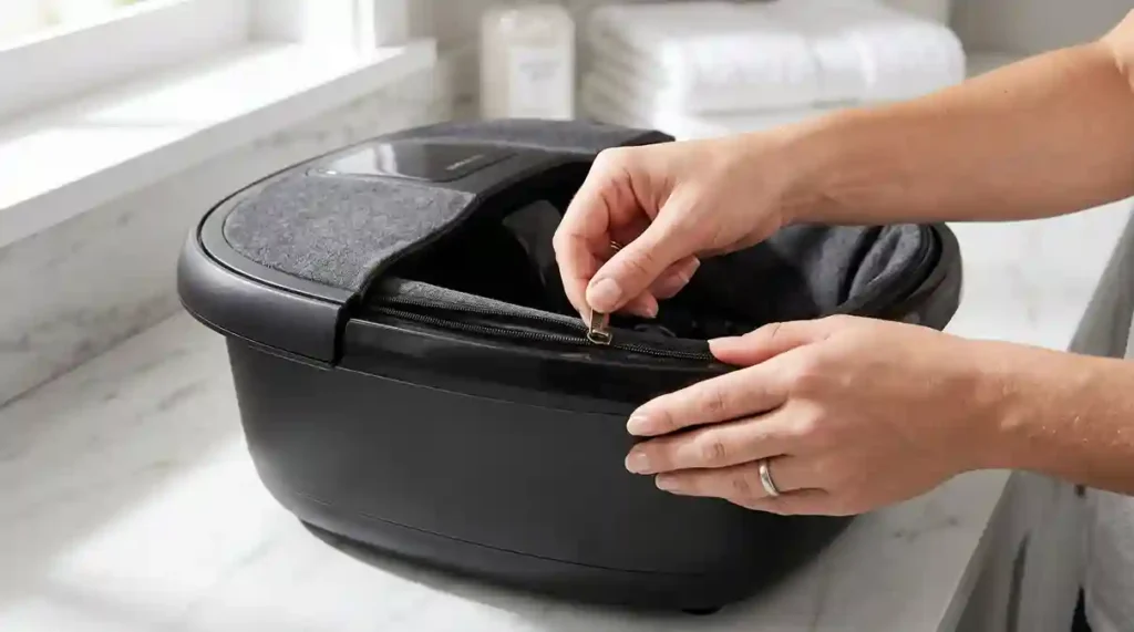 Massageador de Pés Elétrico: O Guia Definitivo com 2 Modelos para Alívio e Relaxamento no Lar 5 Capa de tecido removível com zíper do massageador de pes eletrico sendo aberta