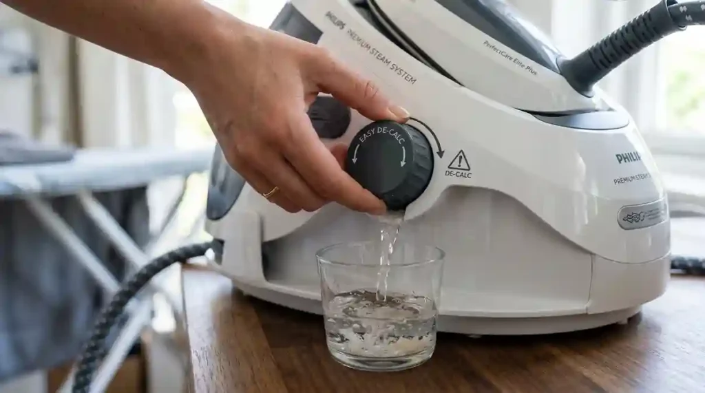 Passadeira a Vapor Vertical: O Guia Definitivo com 2 Modelos para Cuidar de Roupas Finas com Praticidade 5 Botão de descalcificação rápida da passadeira a vapor vertical sendo limpo
