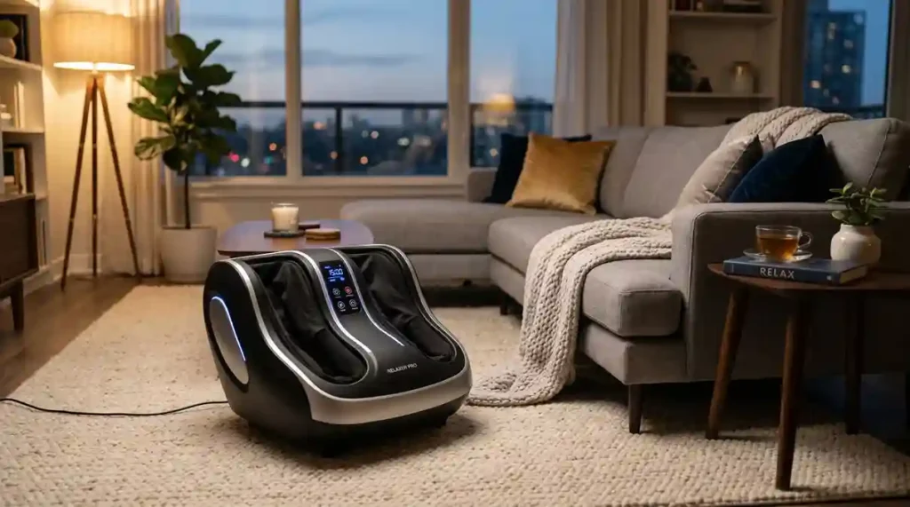 massageador de pes eletrico posicionado sobre tapete de sala de estar de luxo