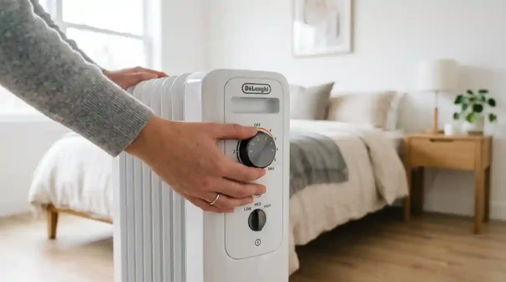 Mão ajustando o botão do termostato analógico no painel do aquecedor de ambiente a oleo