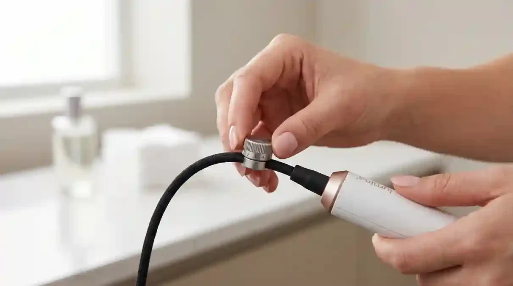 Aquecedor Térmico Profissional para Macas: O Guia Definitivo com 2 Modelos para Oferecer Conforto no Dias Mais Frios. 5 Mão operando o potenciômetro de ajuste de temperatura do aquecedor termico profissional para macas