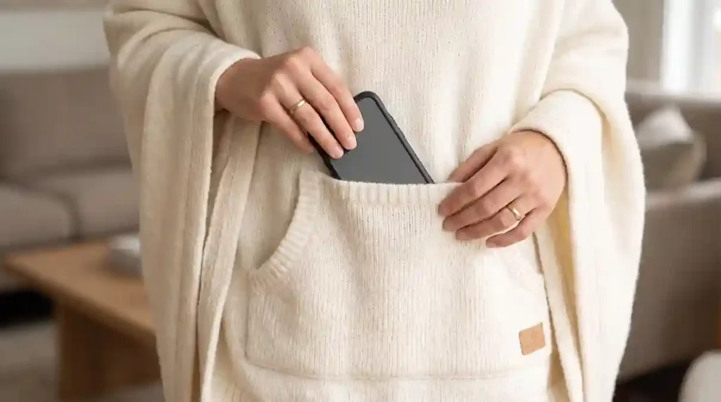 Casaco Blanket / Cobertor com Mangas: O Guia Definitivo com 2 Modelos Premium para Unir Conforto e Aquecimento no Lar 5 Mão inserindo smartphone no bolso canguru do casaco blanket / cobertor com mangas