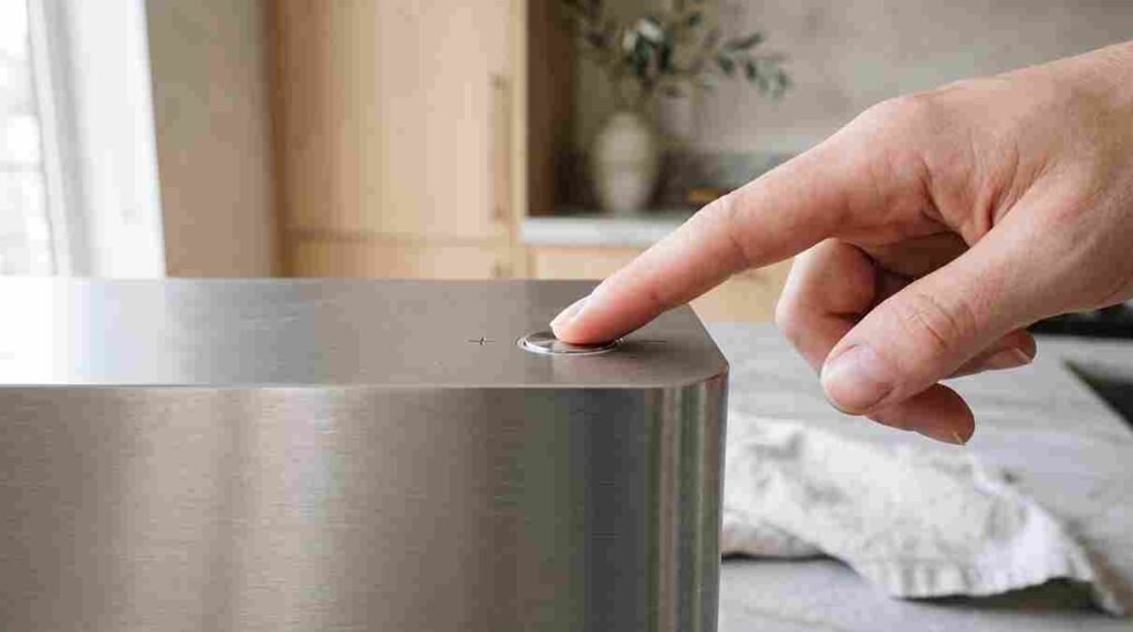 Dedo ajustando o botão de regulagem volumétrica do dispenser de detergente automatico com sensor em inox