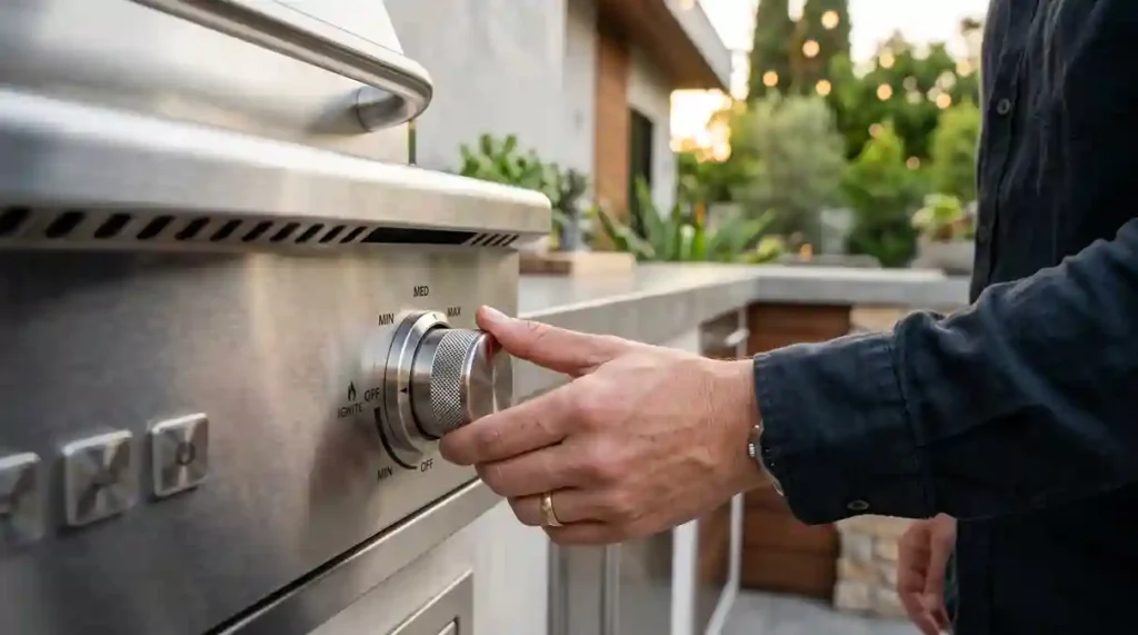 Forno de Pizza Portátil: O Guia Definitivo com 2 Modelos para Revolucionar suas Noites Gourmet 5 Mão girando o botão seletor de intensidade mecânico no painel do forno de pizza portatil