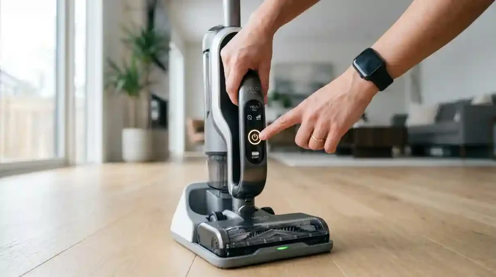 Lavadora de Pisos Sem Fio: O Guia Definitivo com 2 Modelos para Automatizar a Limpeza da Casa 5 Mão acionando o botão do ciclo de autolimpeza no cabo da lavadora de pisos sem fio