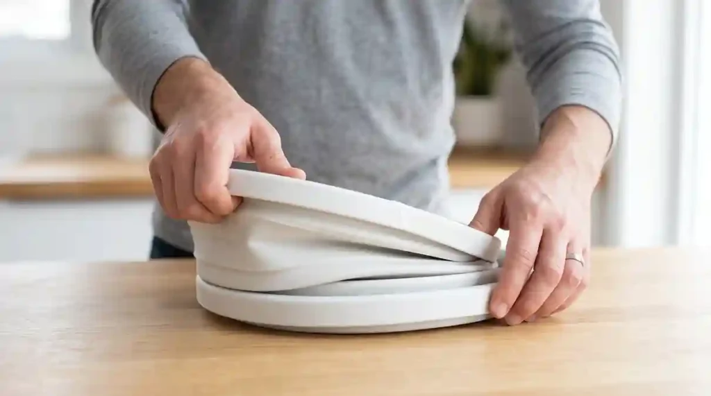 Mini Máquina de Lavar Roupas Portátil : O Guia Definitivo com 2 Modelos para Otimizar sua Lavanderia com Praticidade 5 Mãos pressionando e colapsando a estrutura de silicone da mini maquina de lavar roupas portatil ultrassonica/balde