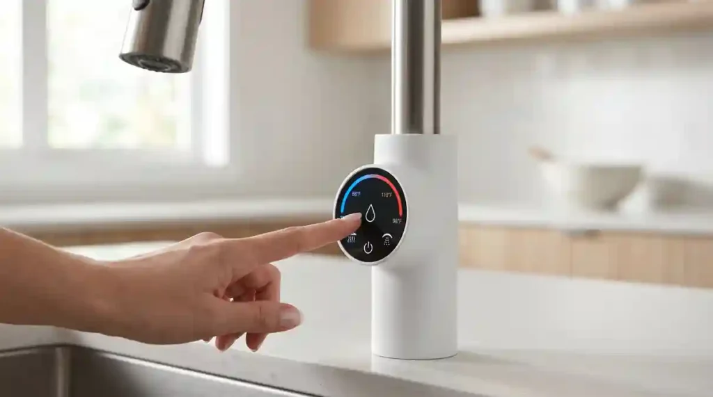 Torneira Elétrica Gourmet de Cozinha: O Guia Definitivo com 2 Modelos para Transformar sua Experiência Gastronômica e Otimizar sua Rotina 5 Dedo ajustando o controle eletrônico digital touch da torneira eletrica gourmet de cozinha