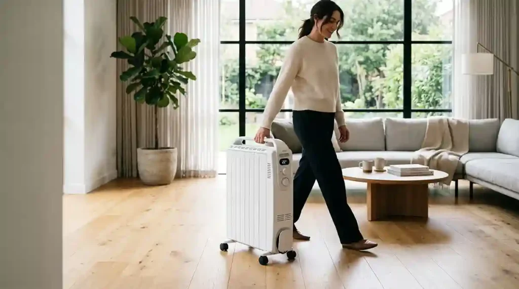 Aquecedor de ambiente a oleo sendo transportado através de seus rodízios emborrachados