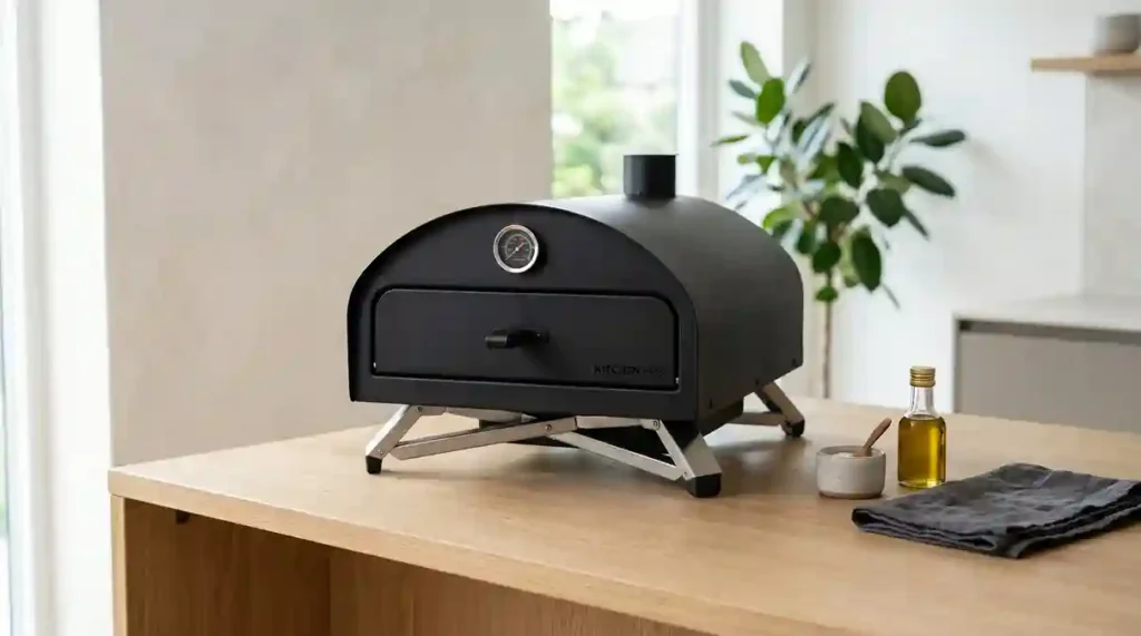 Forno de Pizza Portátil: O Guia Definitivo com 2 Modelos para Revolucionar suas Noites Gourmet 6 Pernas retráteis dobradas sob a carcaça de metal de um forno de pizza portatil
