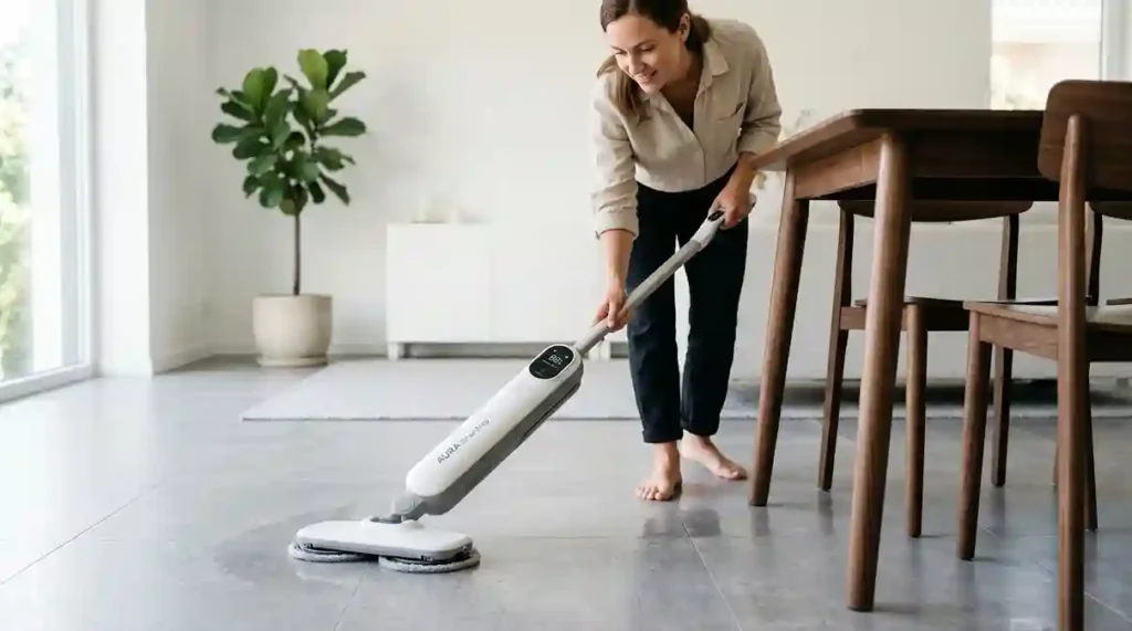 Lavadora de Pisos Sem Fio: O Guia Definitivo com 2 Modelos para Automatizar a Limpeza da Casa 6 Bocal articulado de uma lavadora de pisos sem fio contornando móveis planejados
