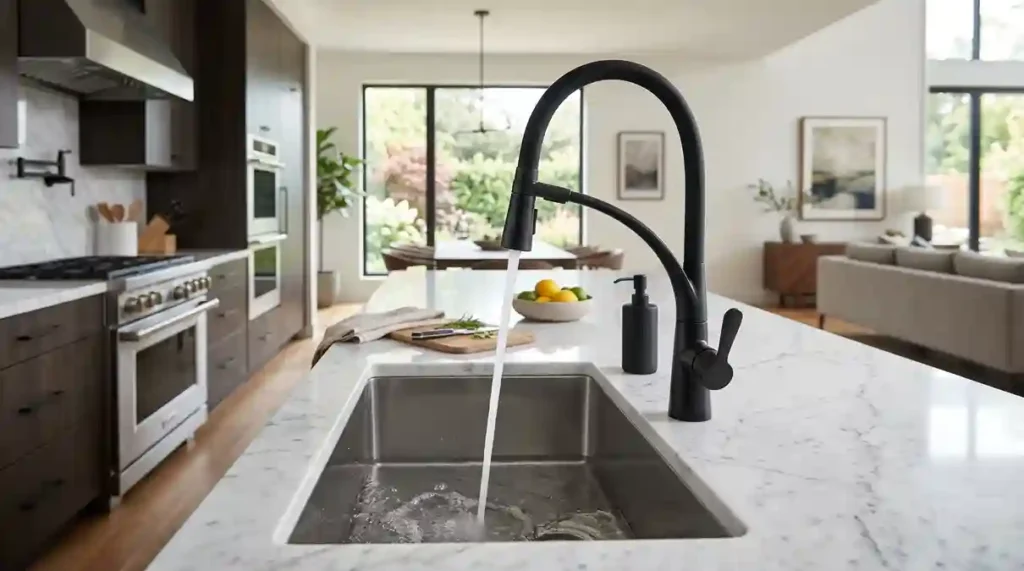 Torneira Elétrica Gourmet de Cozinha: O Guia Definitivo com 2 Modelos para Transformar sua Experiência Gastronômica e Otimizar sua Rotina 2 torneira eletrica gourmet de cozinha preta com bica flexível instalada em ilha de mármore