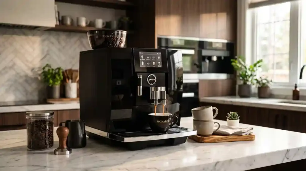 cafeteira de espresso superautomática instalada em bancada de mármore