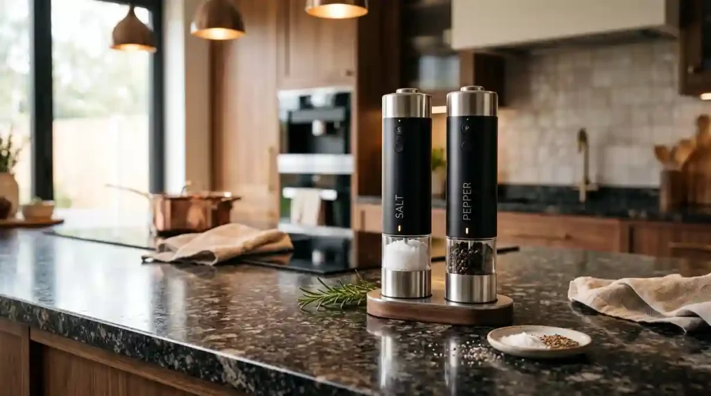 moedor de sal e pimenta elétrico automático em bancada gourmet