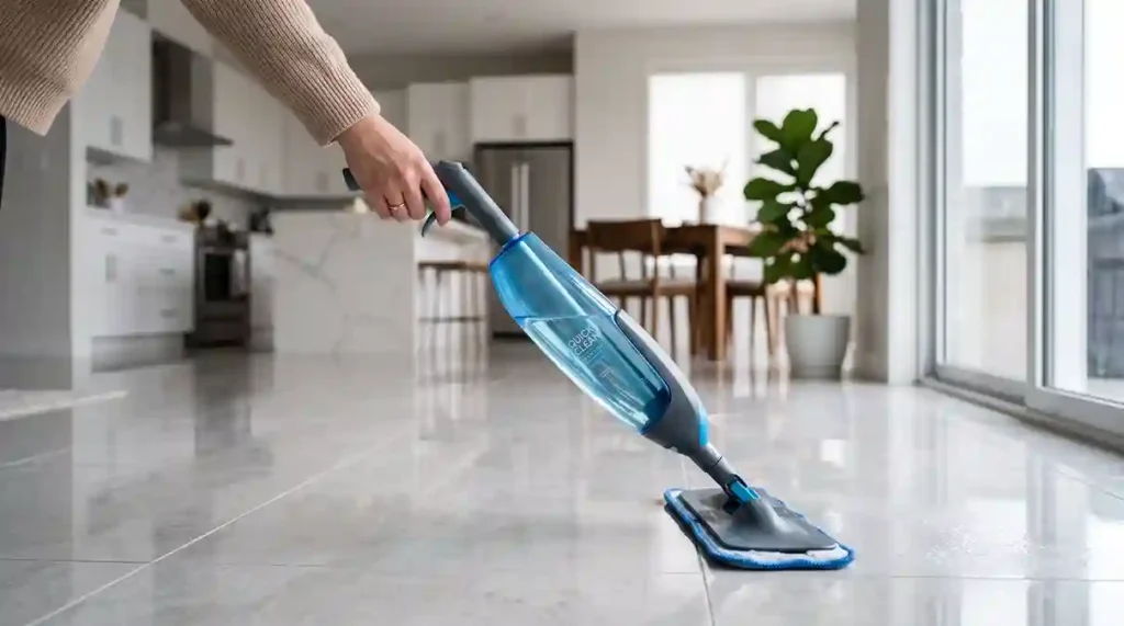 mop spray com reservatório e gatilho instalado sob a bancada de granito